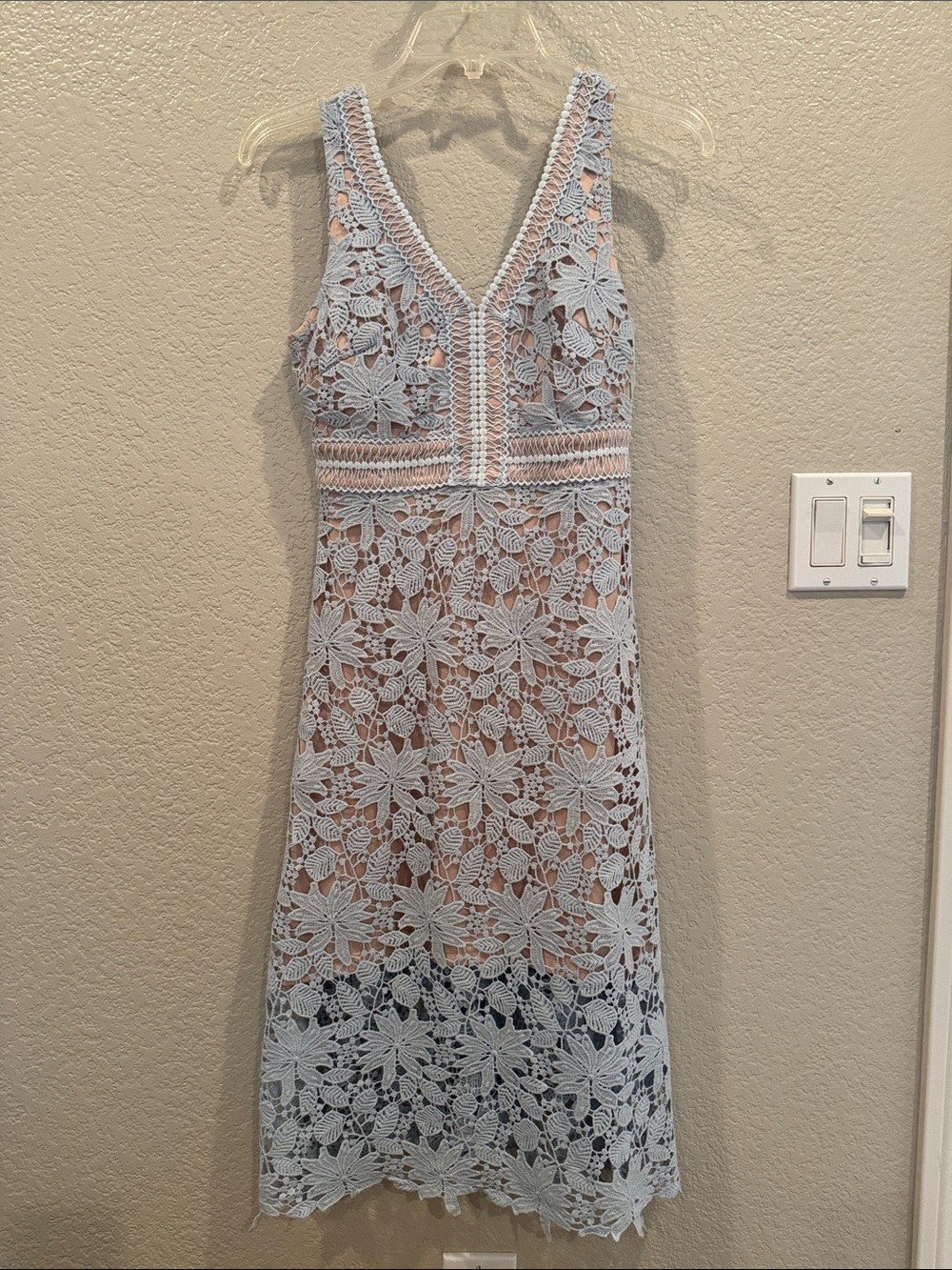 NWOT Soprano Blush Pink Top with Light Blue Crochet Trim